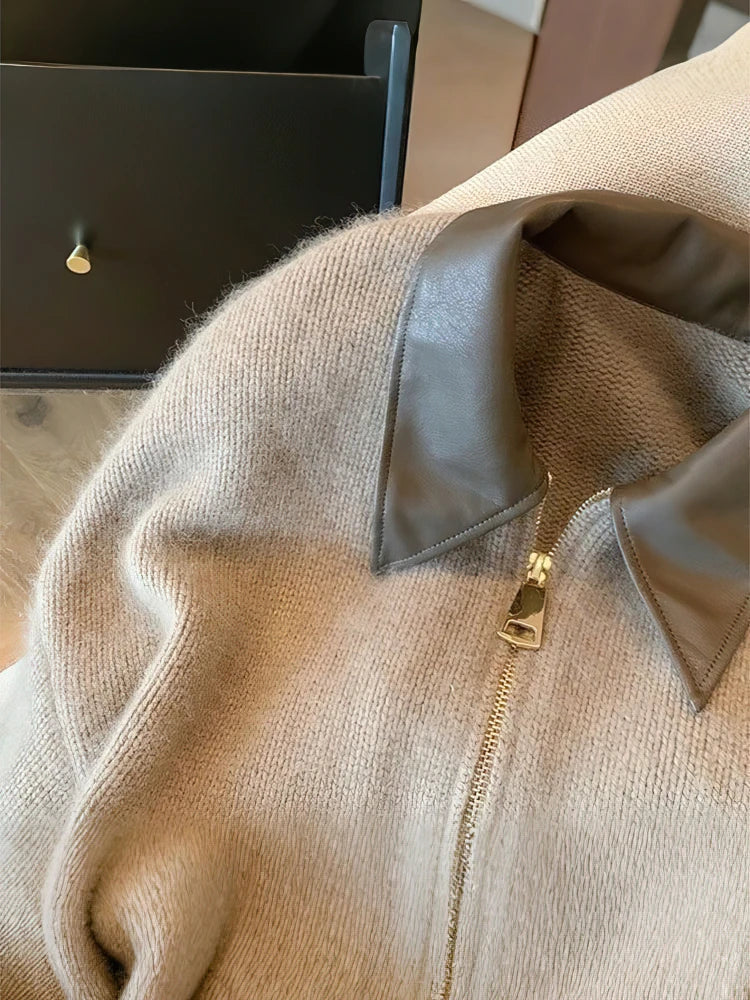 Chaqueta corta con cremallera y cuello contrastante para mujer – Estilo casual chic