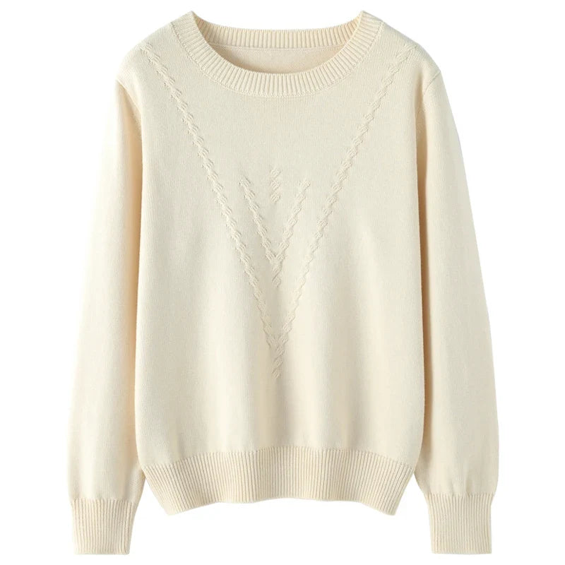 Pull femme en maille légère à col rond et motif en V texturé, manches longues