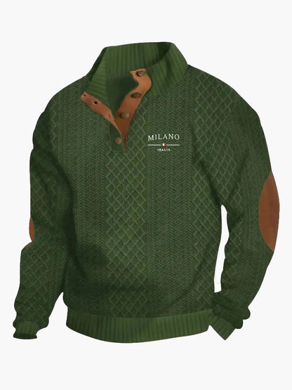 Sweat-shirt homme style vintage Milano Italia avec col boutonné et coudières – Mode décontractée élégante