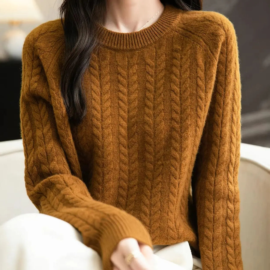Women's soft cable-knit crew-neck sweater with long sleeves