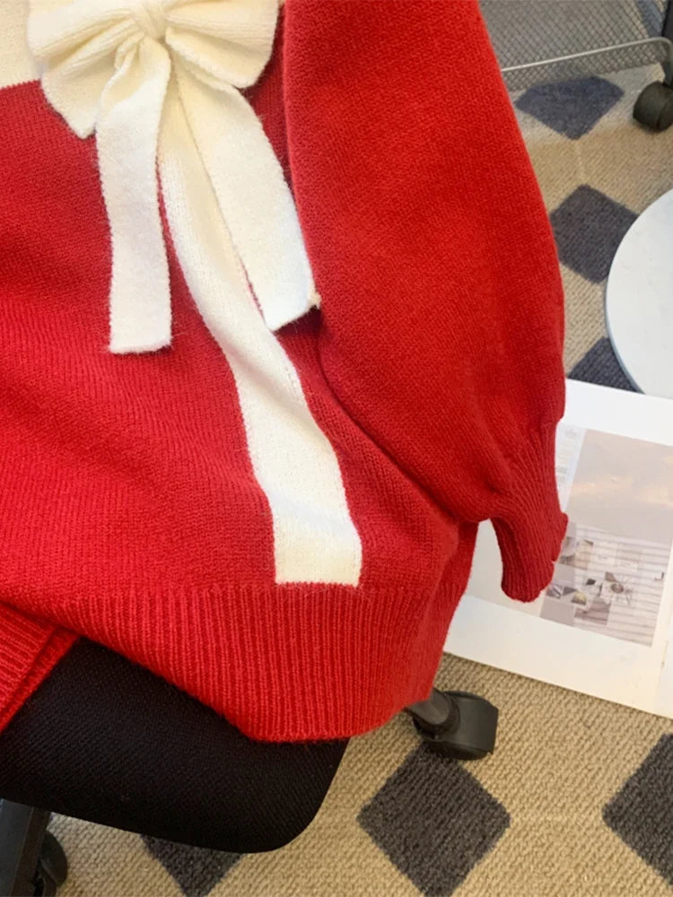 Loose-Fit Red Sweater with White Bow Tie