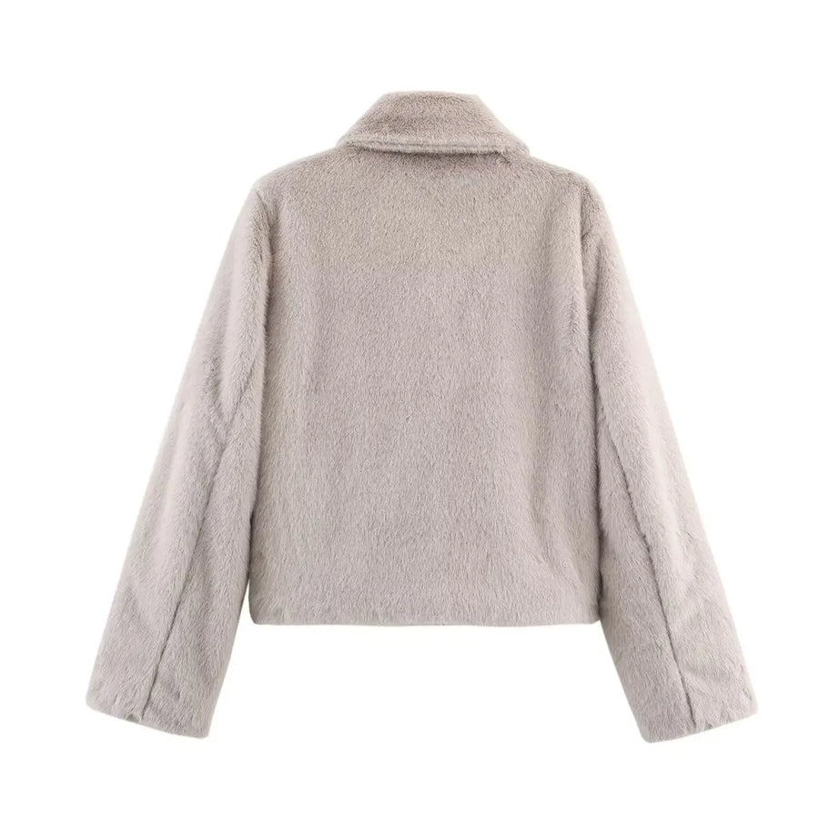 Chaqueta corta de piel sintética para mujer, cuello clásico y mangas largas