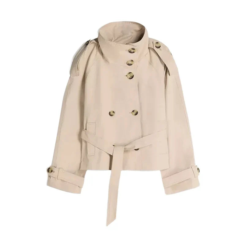 Kurze zweireihige Damenjacke mit Stehkragen und Gürtel
