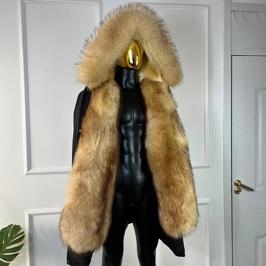 Schwarze Herren-Parka mit Kapuze, blondem Kunstfellbesatz und Kunstfellfutter