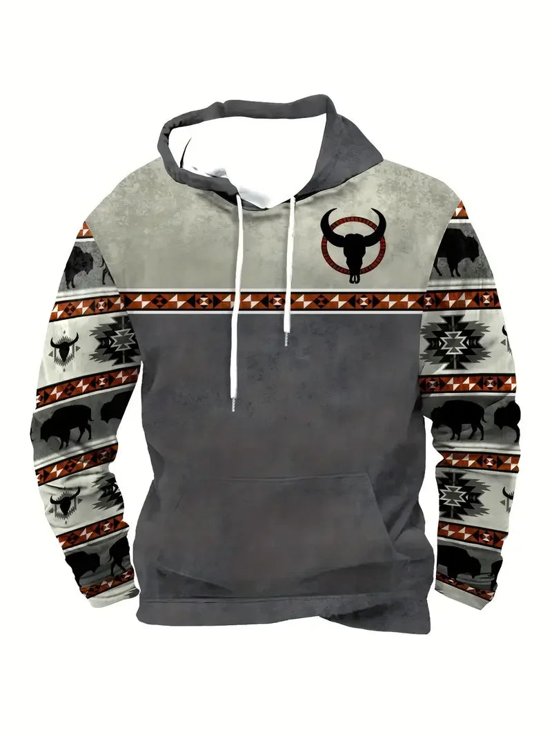 Sweat à Capuche Homme Motif Crâne de Taureau Tribal Vert Kaki