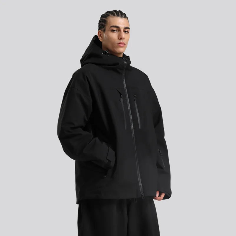 Veste de ski et snowboard pour homme à capuche imperméable avec fermetures éclair noires
