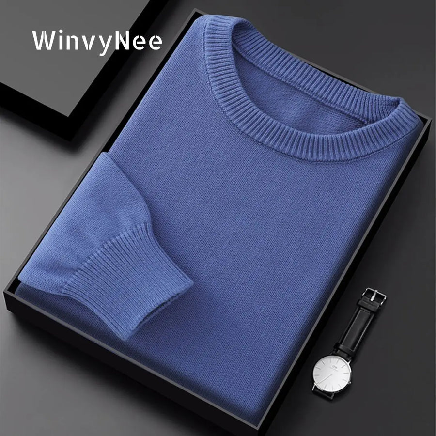 Pull homme col rond maille unie manches longues ajusté décontracté bleu