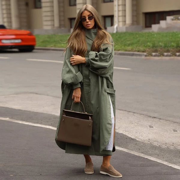 Oversize-Damen-Trenchcoat mit Puffärmeln in Khaki, mittellang