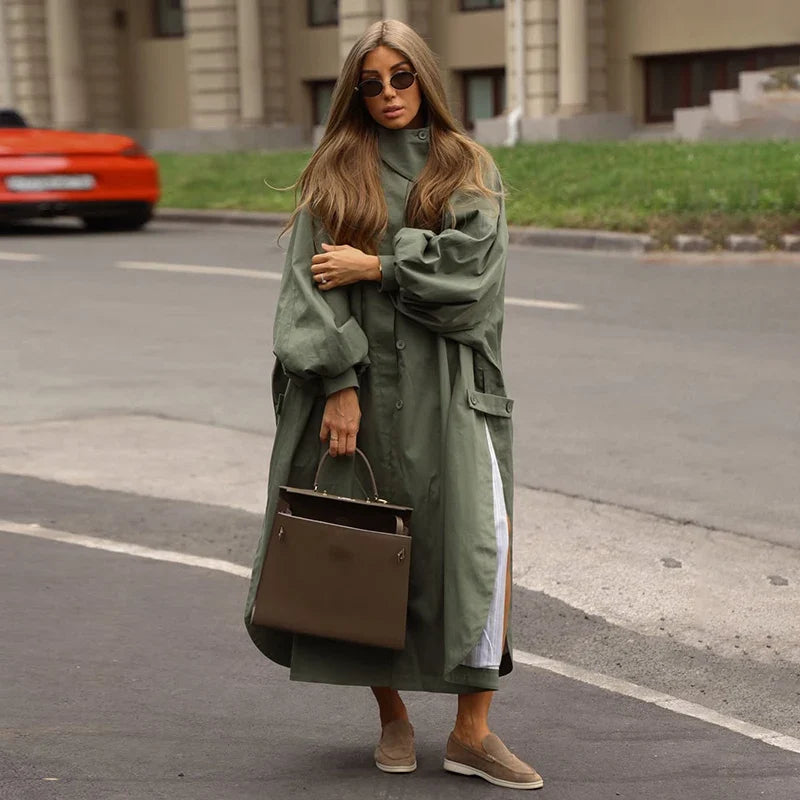 Women's Oversized Mid-Length Khaki Green Trench Coat with Puff Sleeves