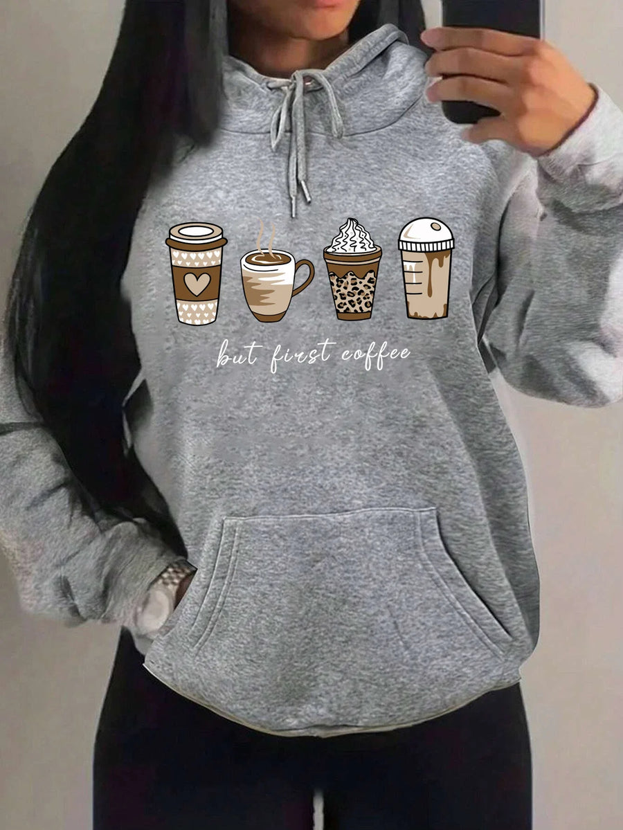 Hættetrøje til kvinder med kaffekopmotiv og teksten "But First Coffee"