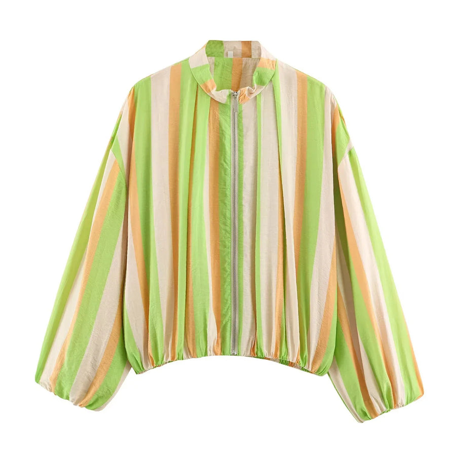Women's lightweight zip-up jacket with stand collar, puff sleeves, assorted colors