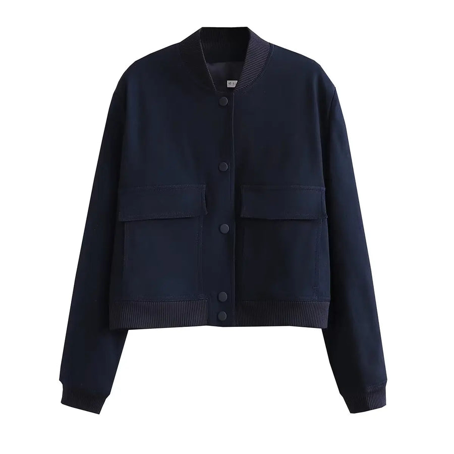Kurze Damen-Bomberjacke mit Knopfleiste, Baseballkragen und aufgesetzten Taschen