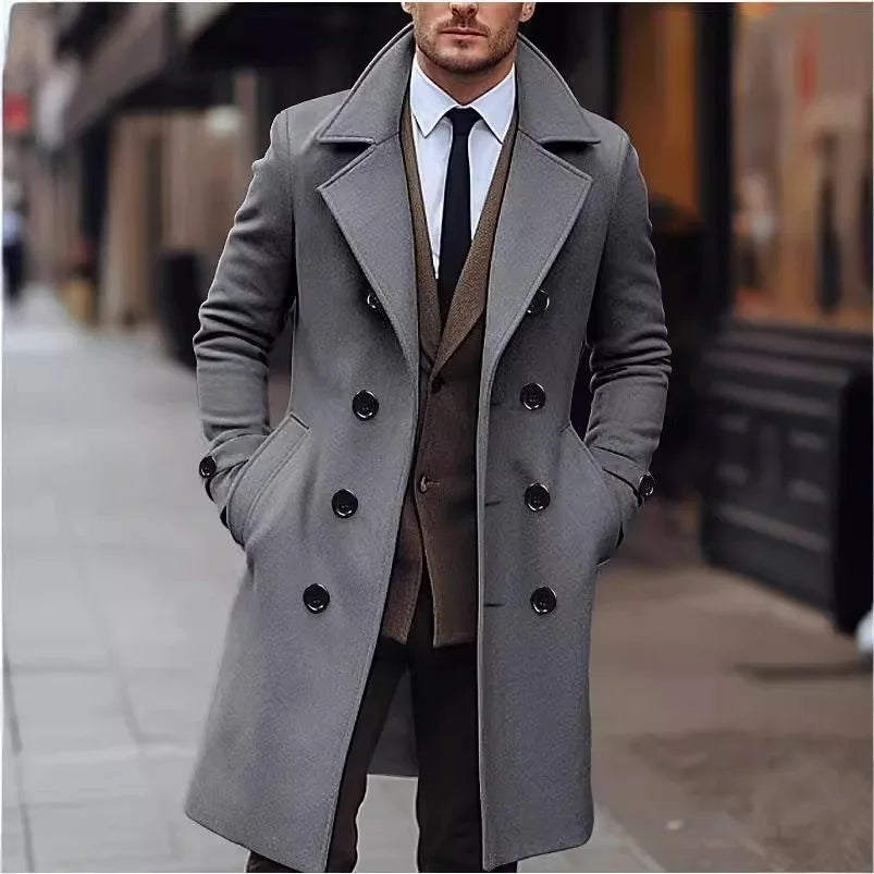Manteau long homme croisé gris avec col large - Style classique élégant