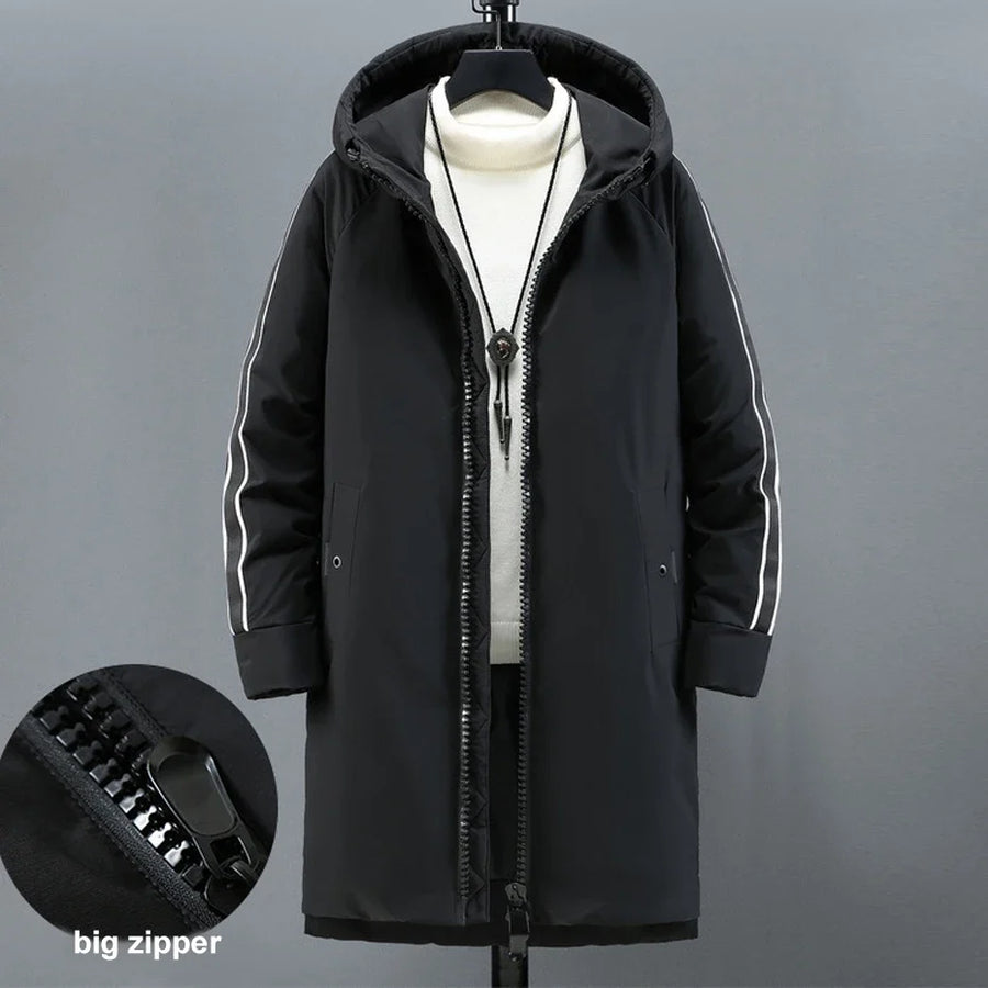 Manteau à capuche homme noir long avec fermeture éclair double et bandes blanches