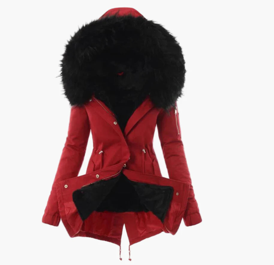 Cappotto invernale donna elegante con cappuccio ampio foderato stile urbano caldo