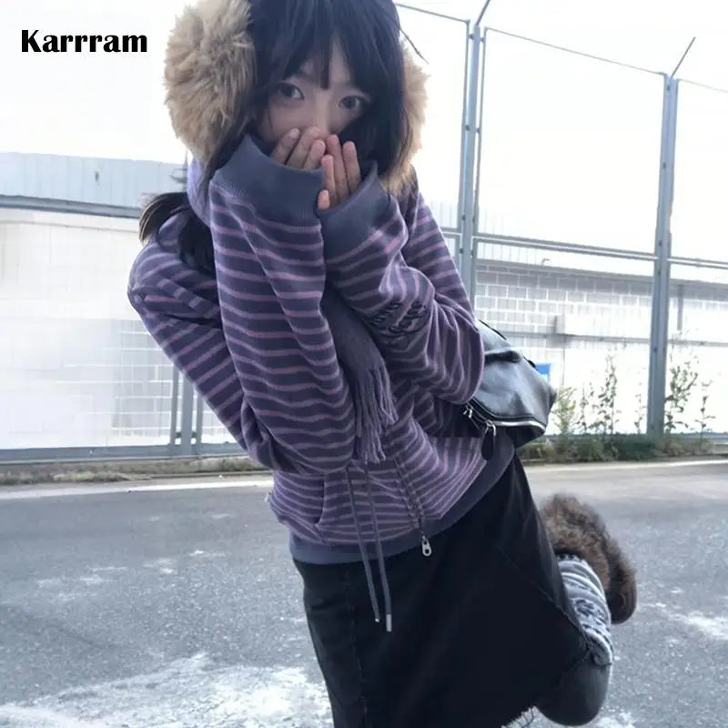 Women's Casual Purple and Charcoal Striped Zip-Up Hoodie