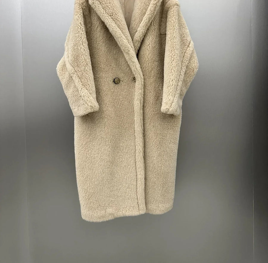 Manteau long femme doux à capuche style Teddy avec moufles assorties