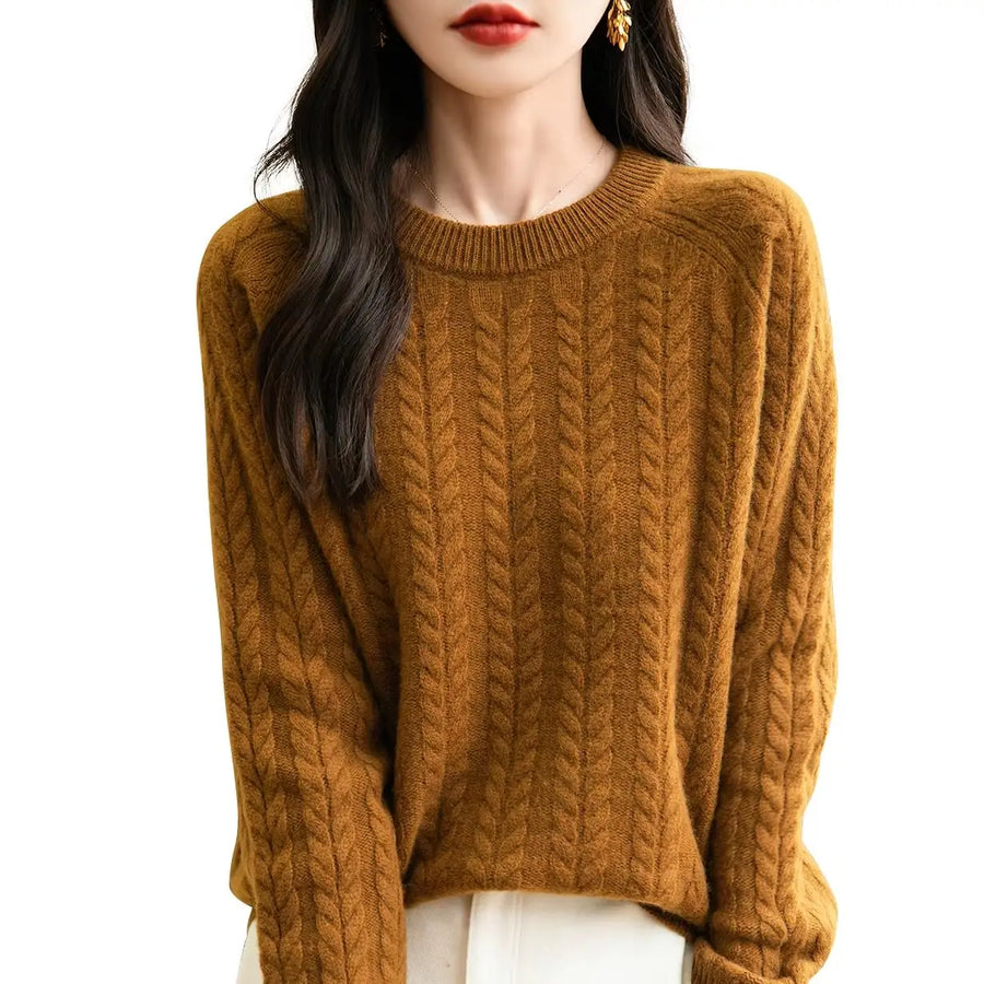 Women's soft cable-knit crew-neck sweater with long sleeves
