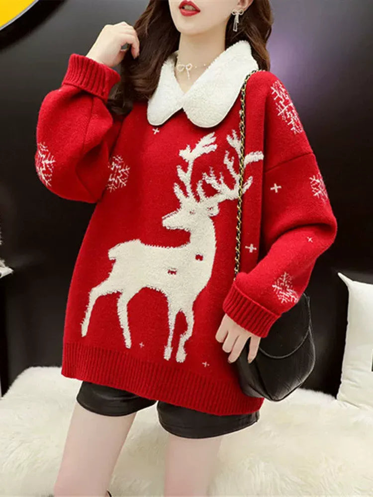 Pull tricoté femme motif renne col contrastant neige - Bleu foncé, Rouge, Beige
