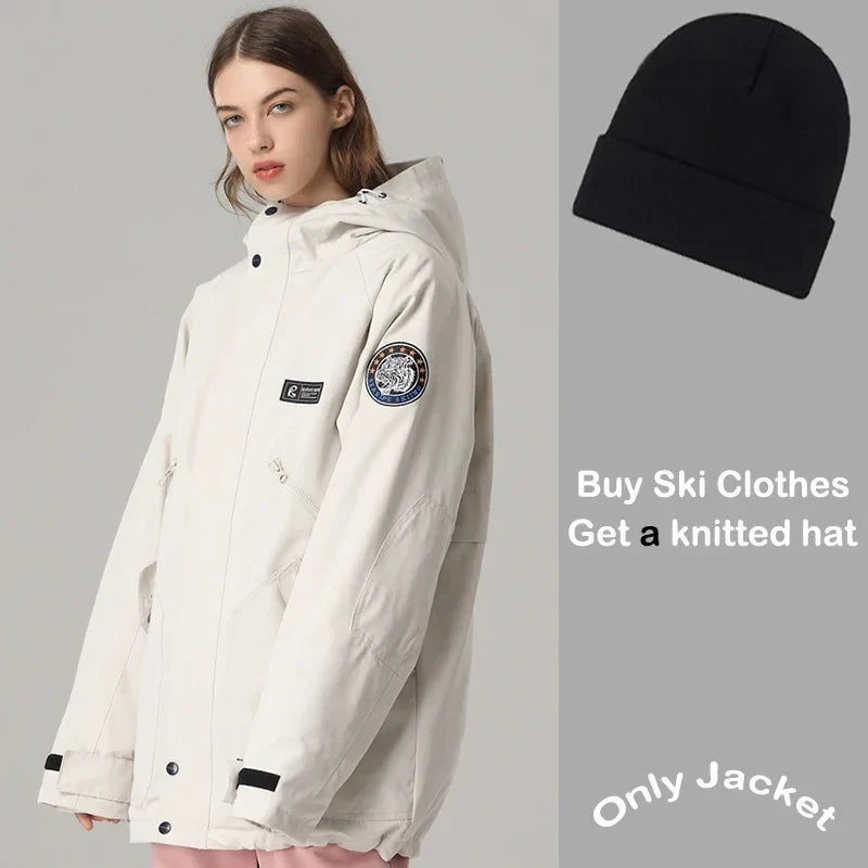Giacca da sci impermeabile unisex con cappuccio, bianco sporco per snowboard e sport invernali