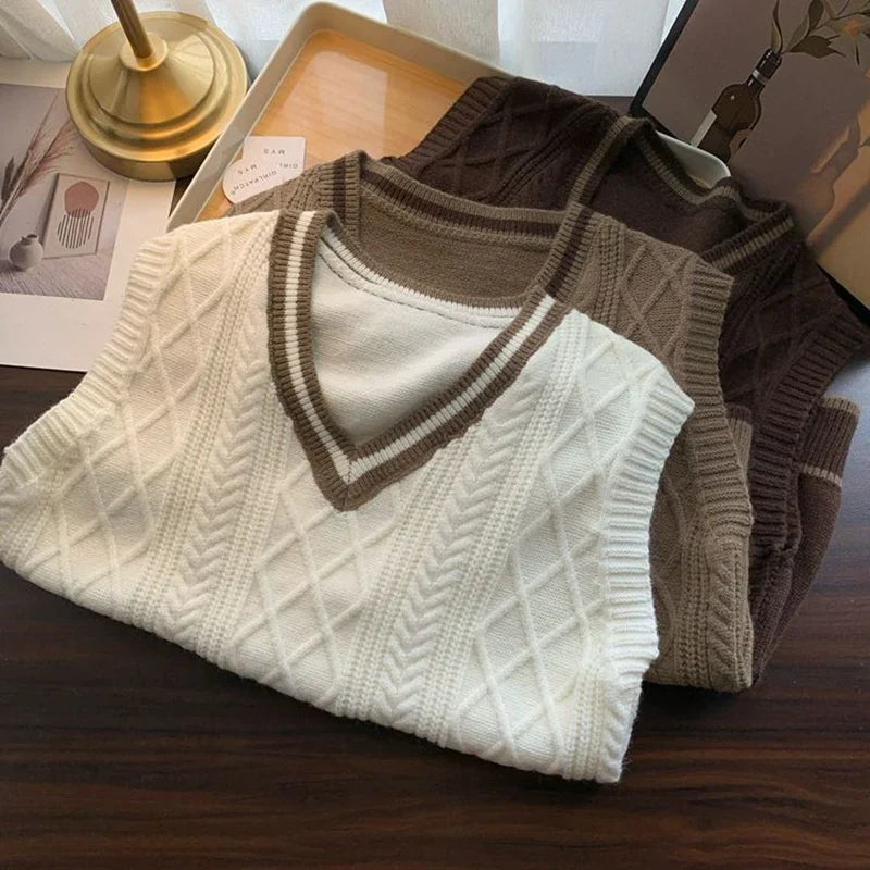 Gilet da donna senza maniche in maglia con scollo a V e motivi a trecce, stile preppy