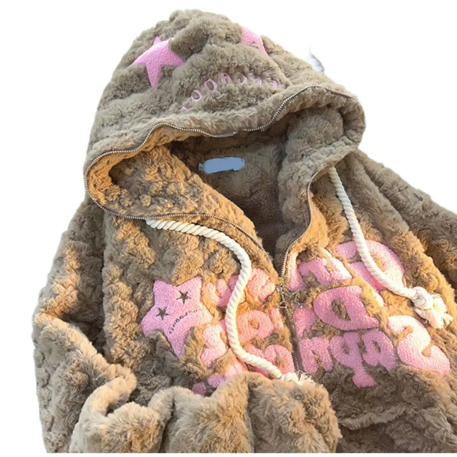 Sweat à Capuche Doux Fermeture Éclair Étoiles Brodés Crème Rouge