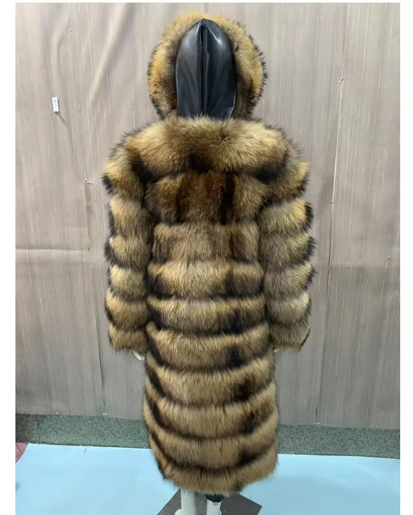 Manteau long à capuche aspect fourrure marron clair et foncé