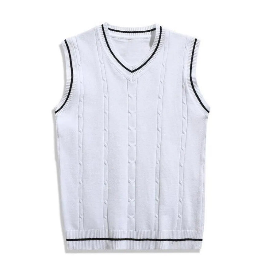 Gilet Sans Manches Homme Col V Pull en Maille Torsadée Tricoté avec Bandes