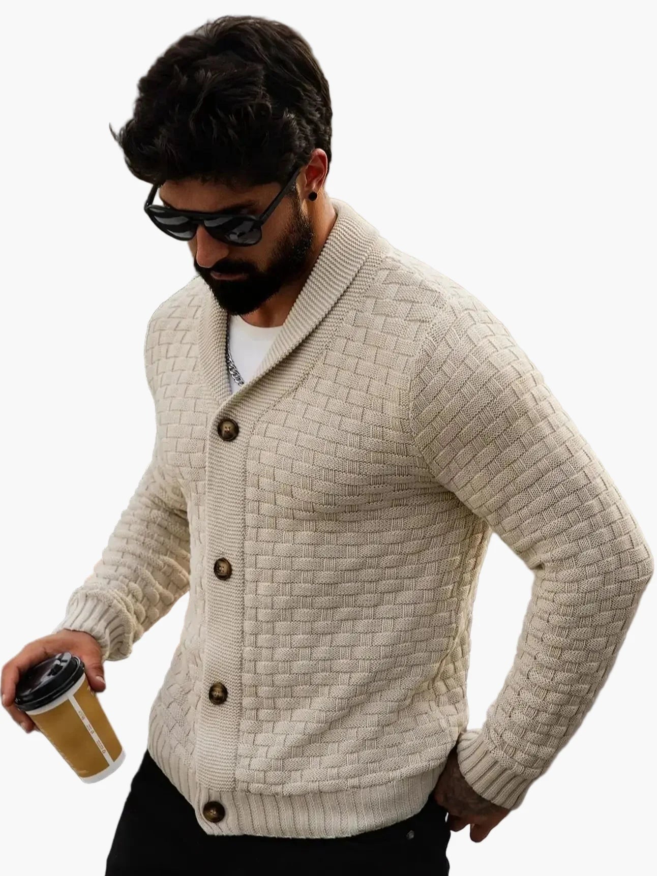 Herrecardigan med sjalskrage, strikket i casual stil for urban og elegant look