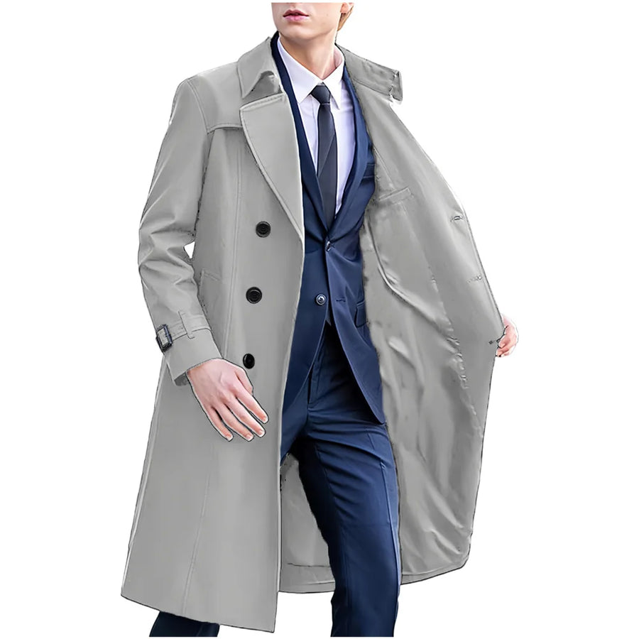 Lang trenchcoat for menn med dobbel knapperekke, klassisk snitt, belte og ermer