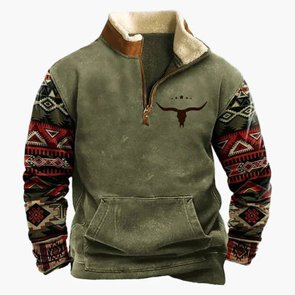 Sweat-shirt polaire homme style western à col zippé – Motifs ethniques et bisons