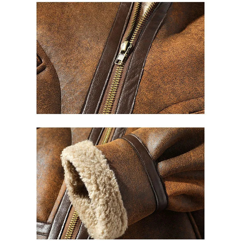 Braune Herren-Fliegerjacke mit Kragen und Kunstpelzfutter