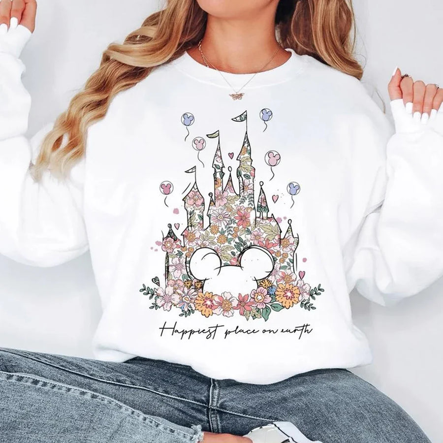 Sudadera de mujer de cuello redondo con estampado floral del castillo «Happiest Place», blanca