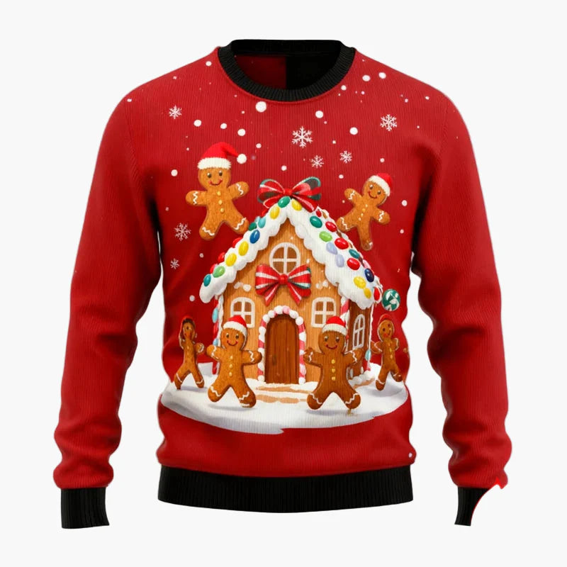 Maglione di Natale uomo stile divertente con motivi di pan di zenzero e decorazioni festive per le feste