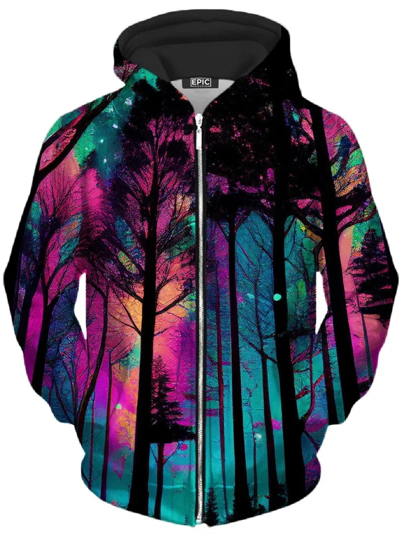 Felpa con cappuccio con zip e stampa grafica di albero e paesaggio colorati
