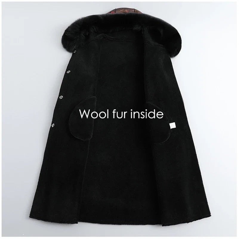 Women's Long Printed Coat with Black Fur-Look Collar and Trim