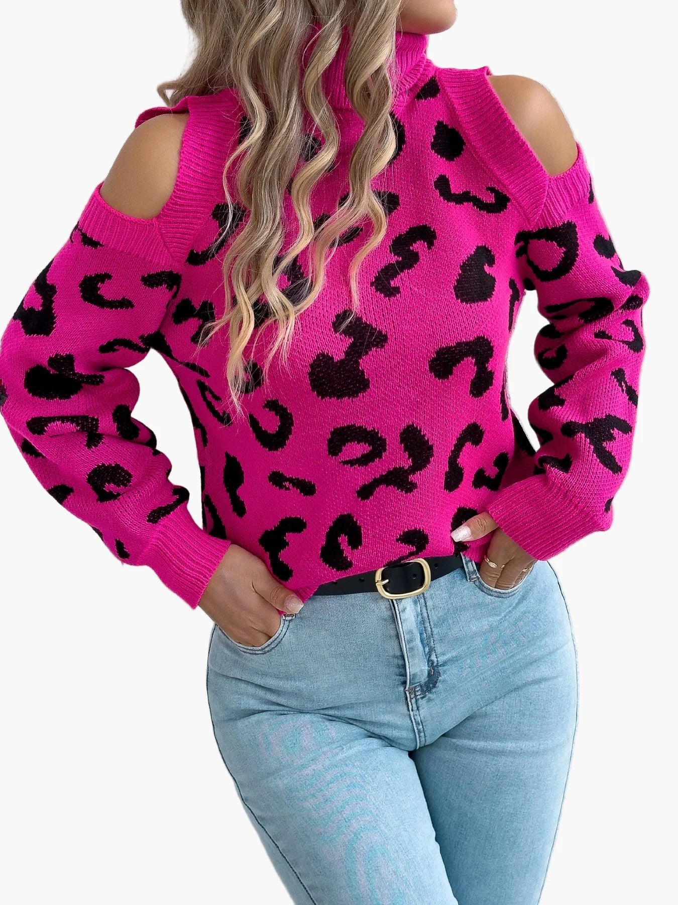 Jersey de mujer a la moda con hombros descubiertos y estampado de leopardo estilo urbano