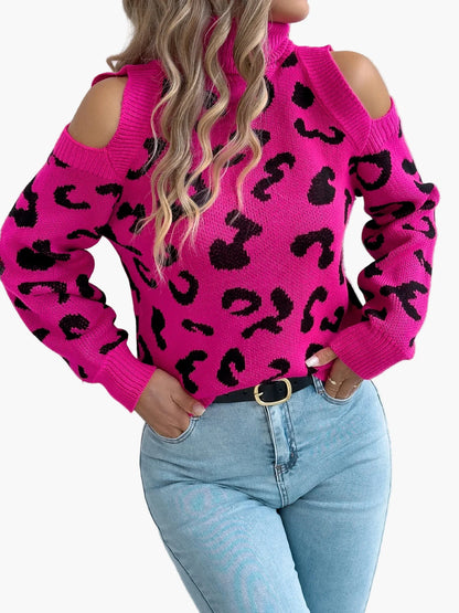 Jersey de mujer a la moda con hombros descubiertos y estampado de leopardo estilo urbano