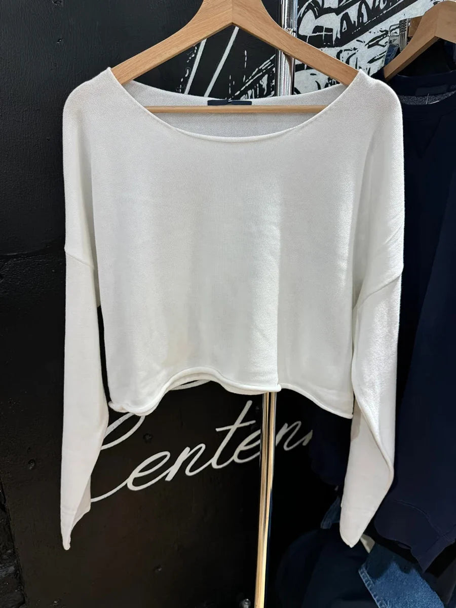 Pull court femme col bateau manches longues ample gris foncé