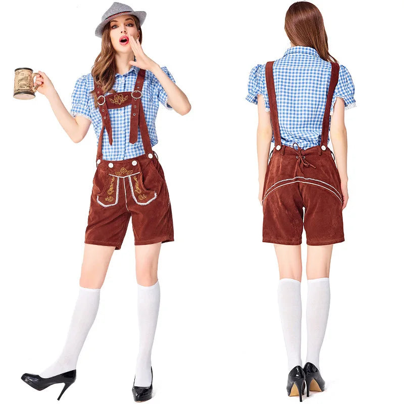 Damen-Lederhosen-Set mit Karomuster, Hemd und Träger-Shorts im bayerischen Stil