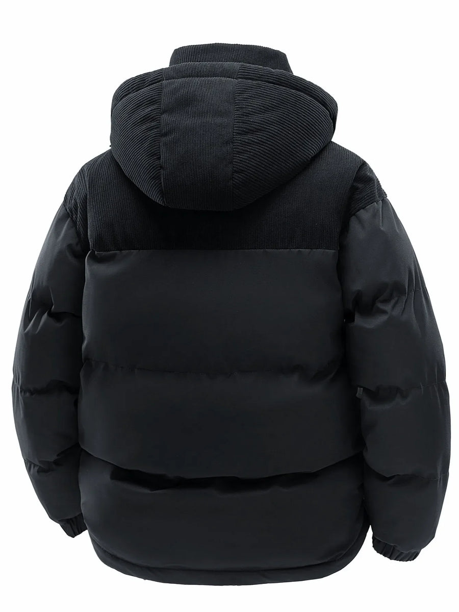 Black two-tone quilted hooded puffer jacket with corduroy-style design