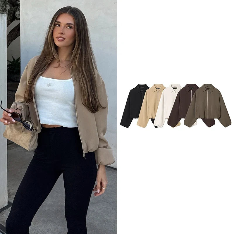 Blouson court femme décontracté à col chemise et manches amples