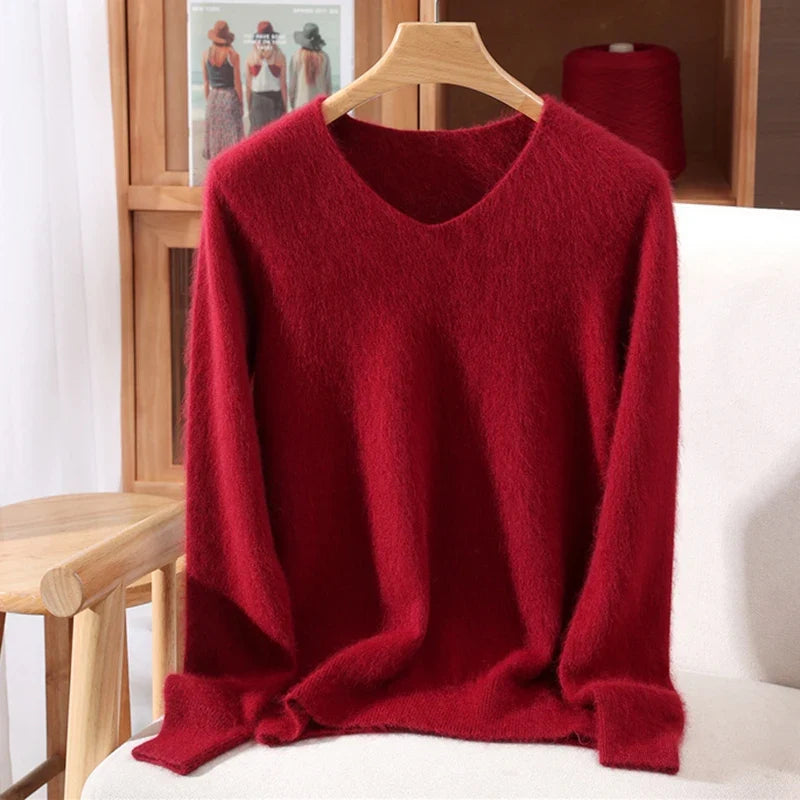 Maglione donna confortevole a collo a V, con maniche lunghe, in materiale morbido