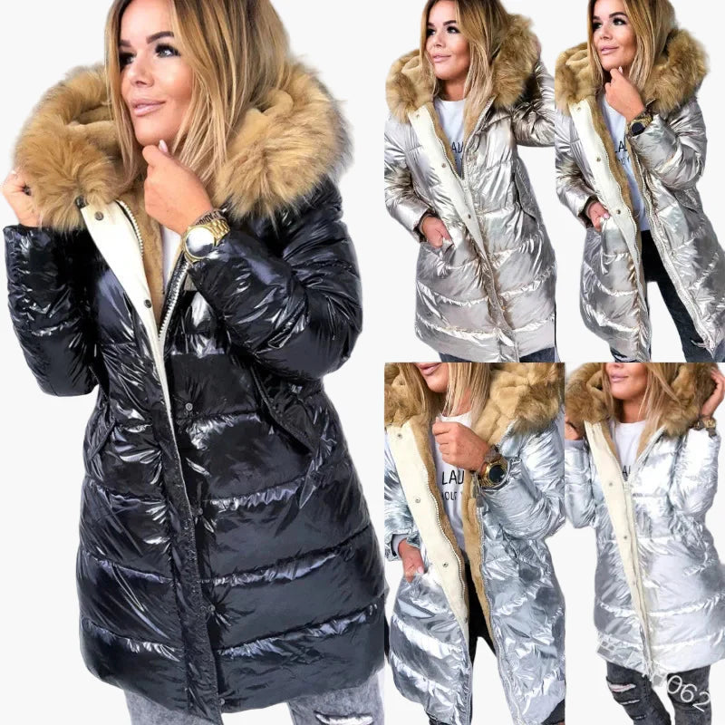 Abrigo de invierno grueso estilo europeo y americano para mujer – Capucha con piel, corte largo, look moderno