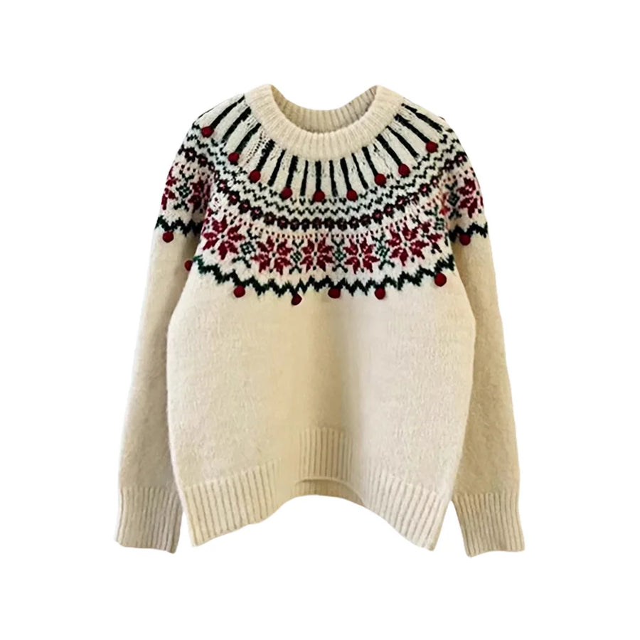 Pull en maille jacquard hivernal à motifs flocons et pompons décoratifs pour femme