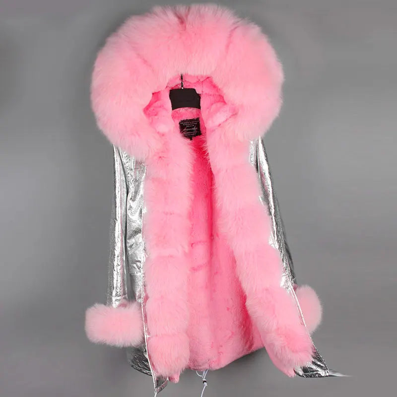 Parka invernale da donna con cappuccio, pelliccia rosa e fodera calda