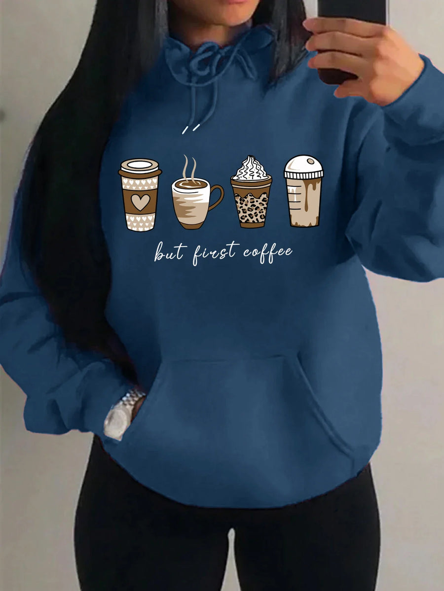 Hættetrøje til kvinder med kaffekopmotiv og teksten "But First Coffee"