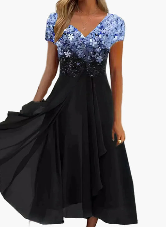 Robe de soirée élégante femme style fleuri haut chic jupe fluide événement