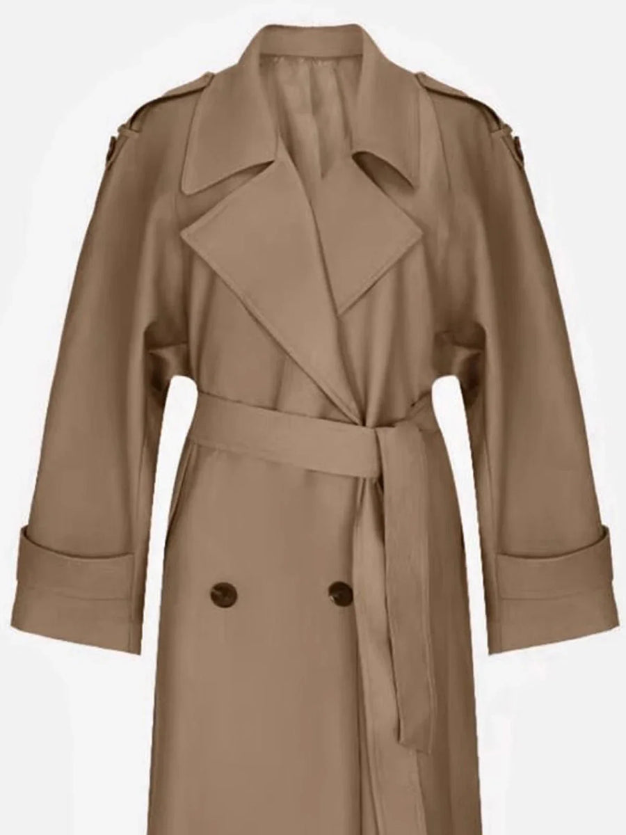 Lange damestrenchcoat met ceintuur en brede revers in aubergine