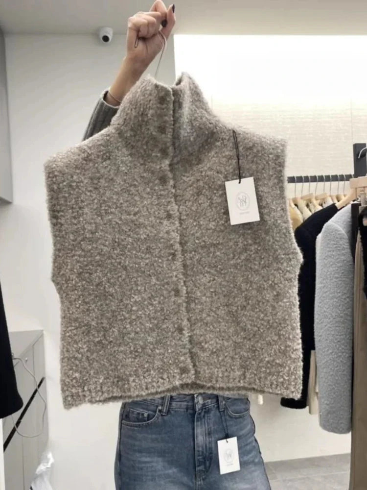 Damesvest zonder mouwen met structuur en opstaande kraag - beige, curry of wit